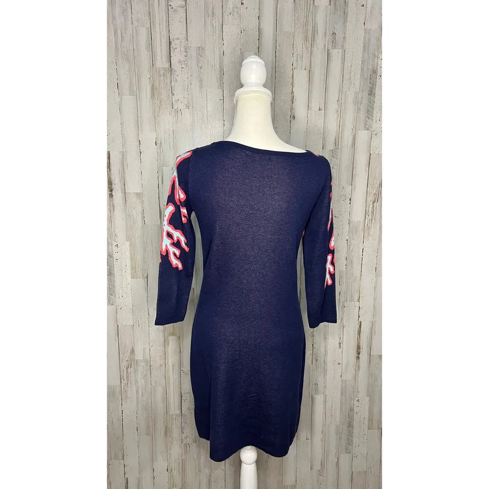 Lilly Pulitzer Women's XS‎ Blue Sweater Dress 3/4 Sleeve Coral Pattern - Image 4