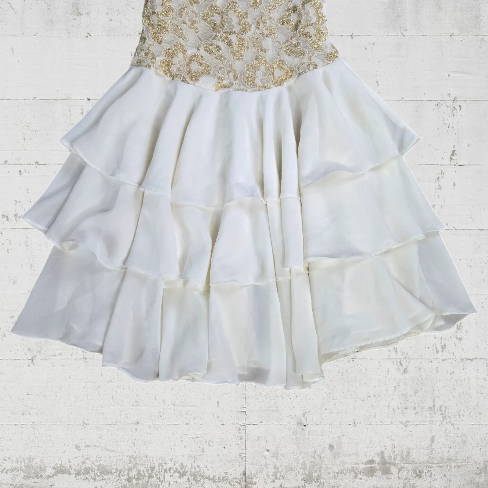 Vintage 1980s Lace Party Dress Ivory Gold USA Made Deadstock Fit Flare Size 4 White - Image 5