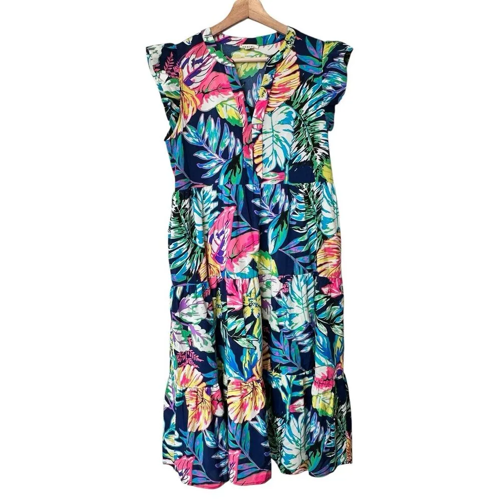 Jodifl midi Dress S Floral V Neck Short Ruffle cap Sleeve with pockets Blue - Image 2