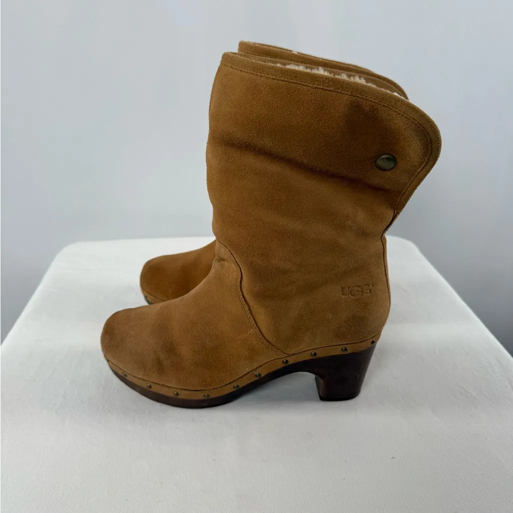 UGG Lynnea Fold‎ Over Suede Shearling Clog Boot in Brown Size 7 - Image 6