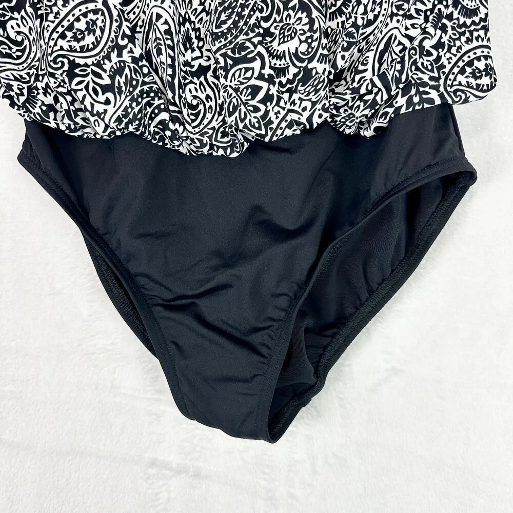 Lands End Blouson Fauxkini One Piece Swimsuit Size Medium NWOT Black Paisley - Image 6