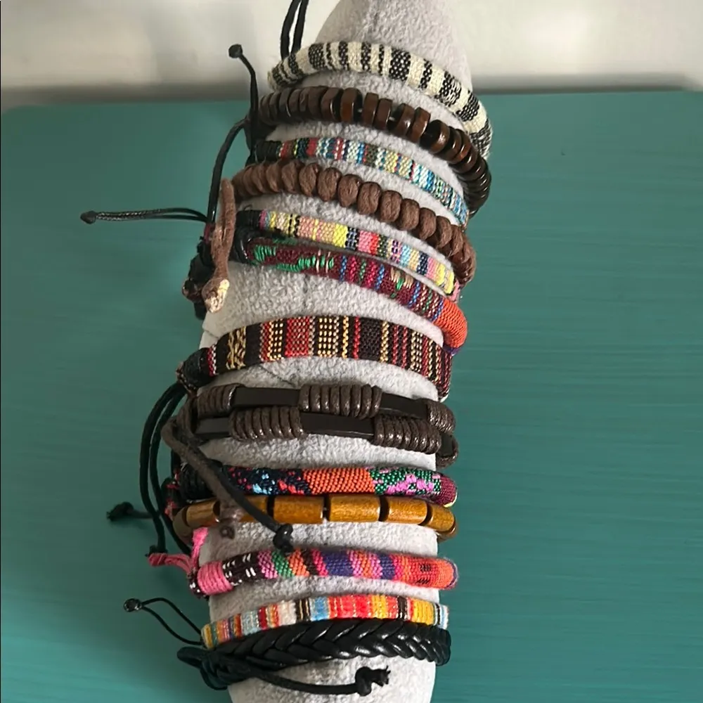 Vibrant Multicolor Wood Bead Woven Vegan Leather Bohemian Bracelets 13 Piece Set Brown - Image 3