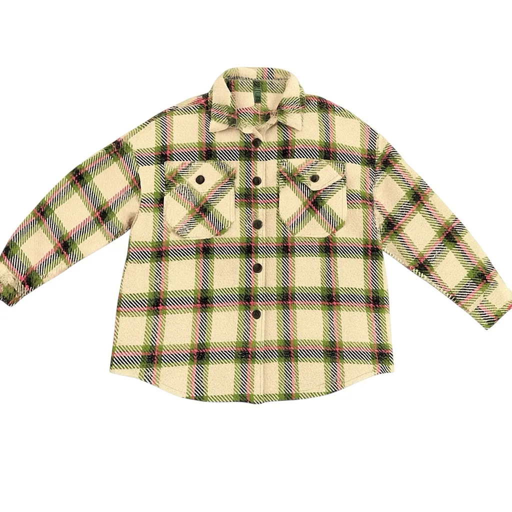 Wild Fable Pink Green Plaid Oversized Shacket Women’s Jacket Soft Button Front - Image 3