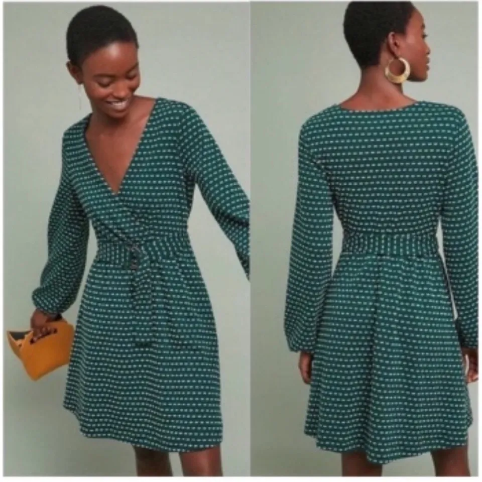 Maeve Anthropologie Malta Dress Size XS Green Mini‎ Faux Wrap Belted Tie - Image 2