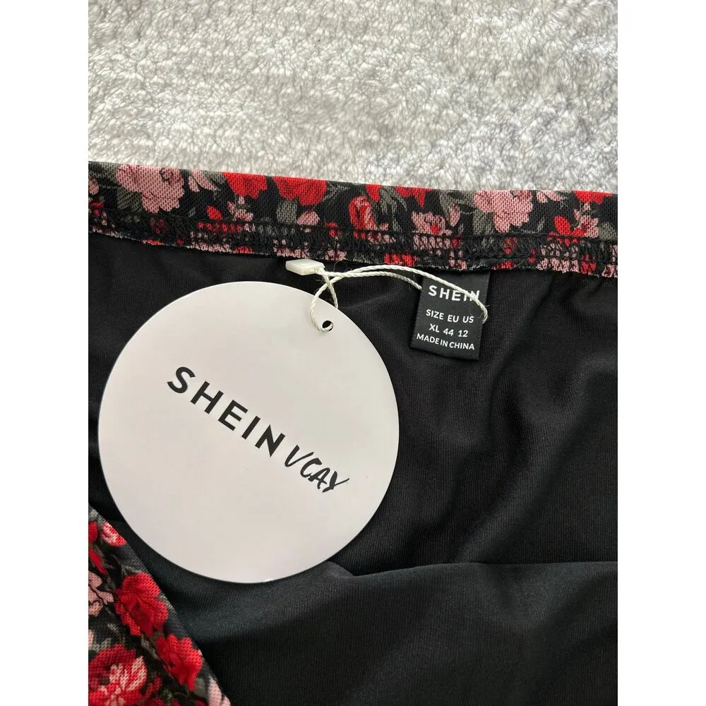 Shein Red Floral Print Lettuce Trim Mesh Bodycon Lined High Waist Skirt Size XL - Image 5