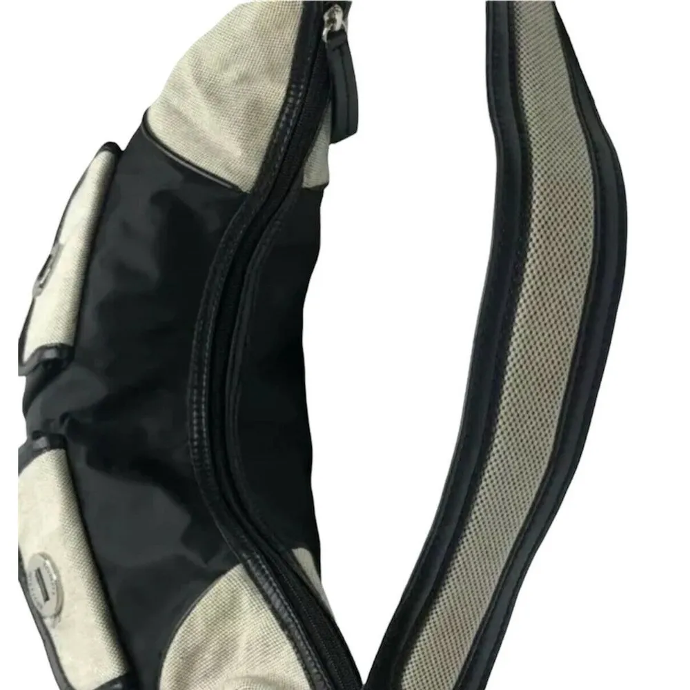 Tommy Hilfiger Zip Top Black Vinyl Ivory Canvas Hobo Bag Purse w/ Front Pockets - Image 6