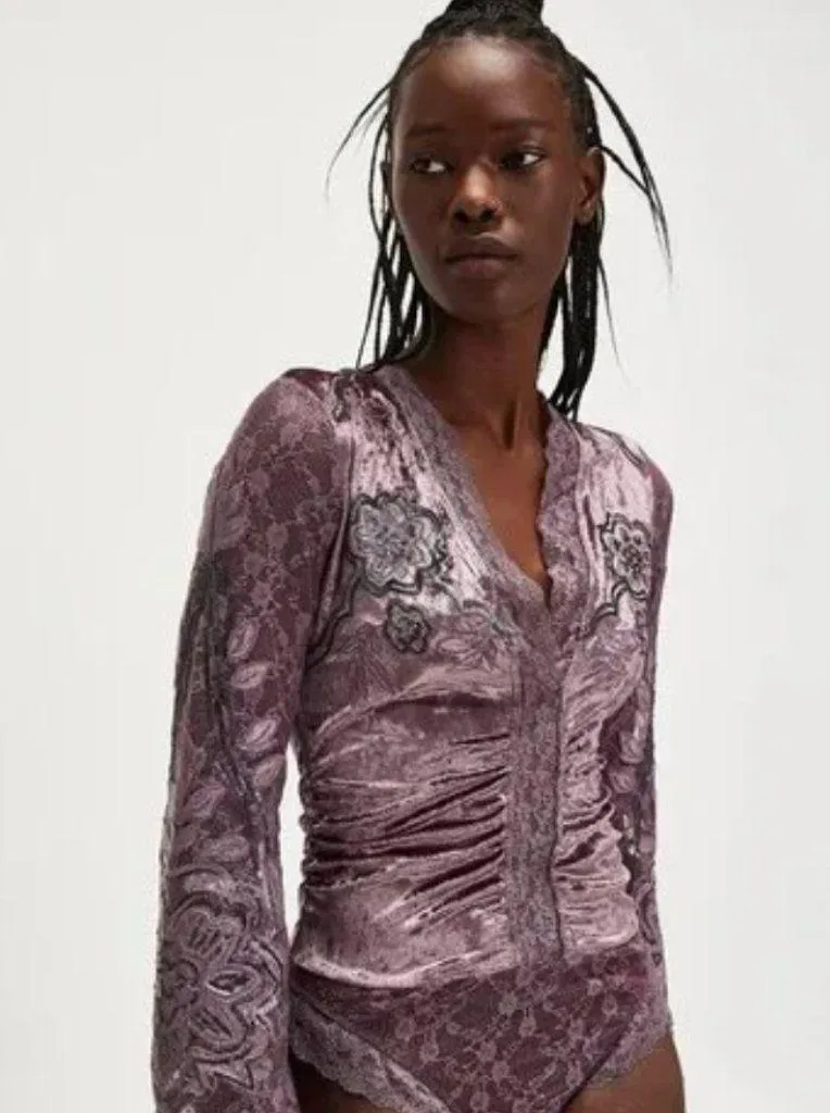 NWOT FREE PEOPLE MOVEMENT Night Owl Bodysuit Purple Velvet Trim Lace - Image 2