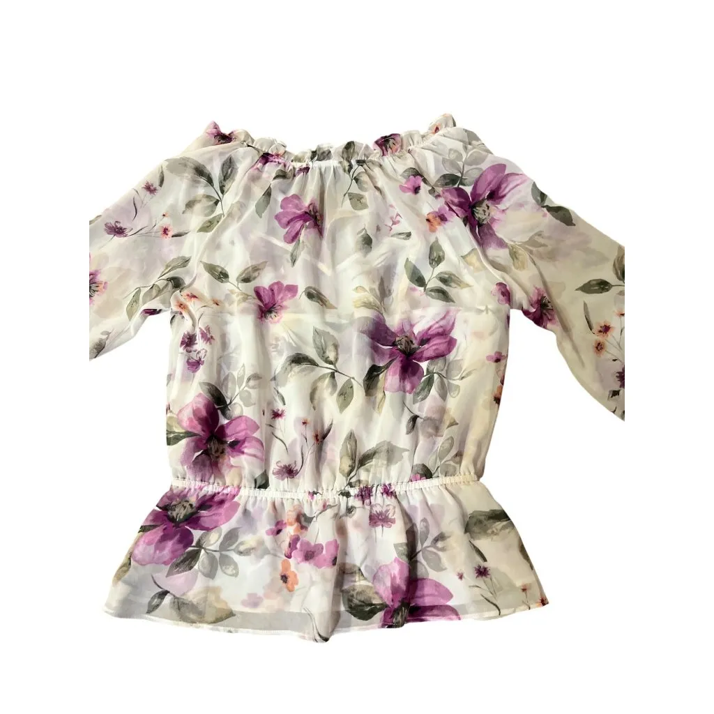 White House Black Market Womens 6 Floral Blouse Ecru Violet Ruffle + Tank NWT - Image 4