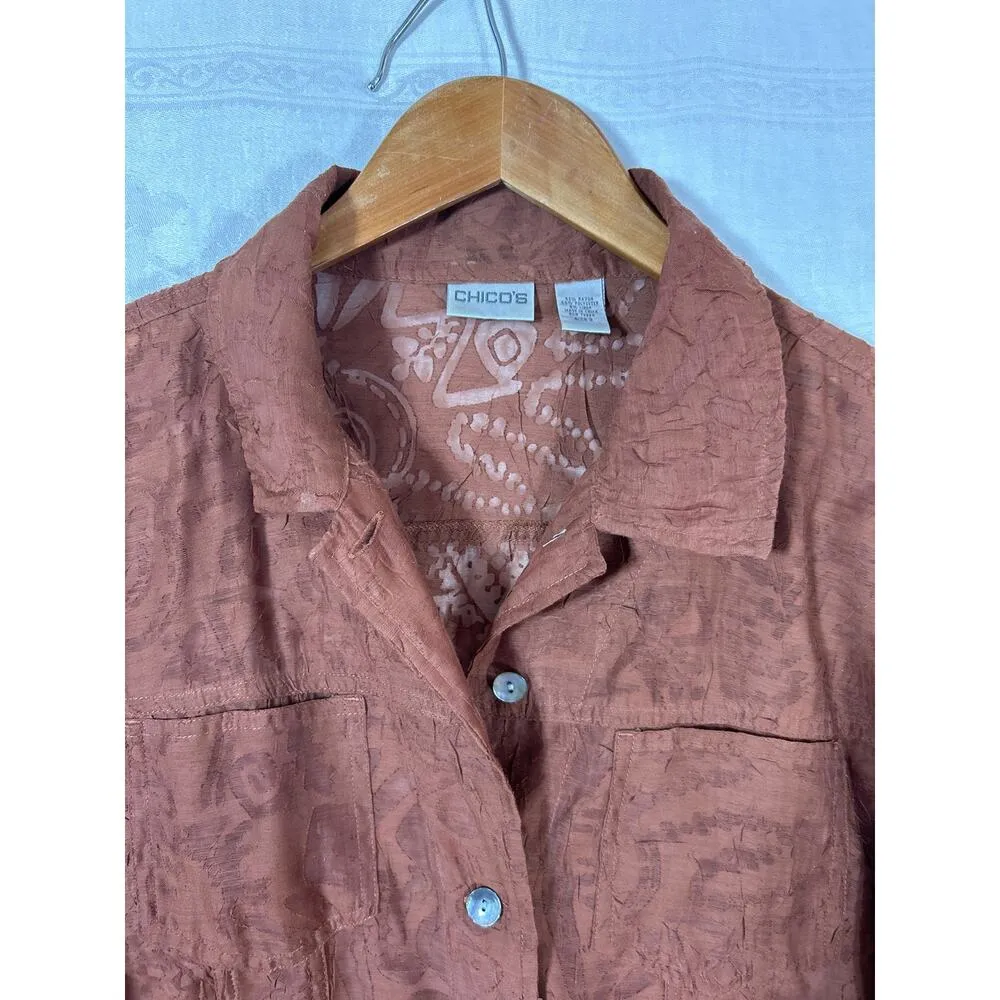 Chicos Button Up 2 Large Brown Sheer Abstract Linen Blend Jacket - Image 7