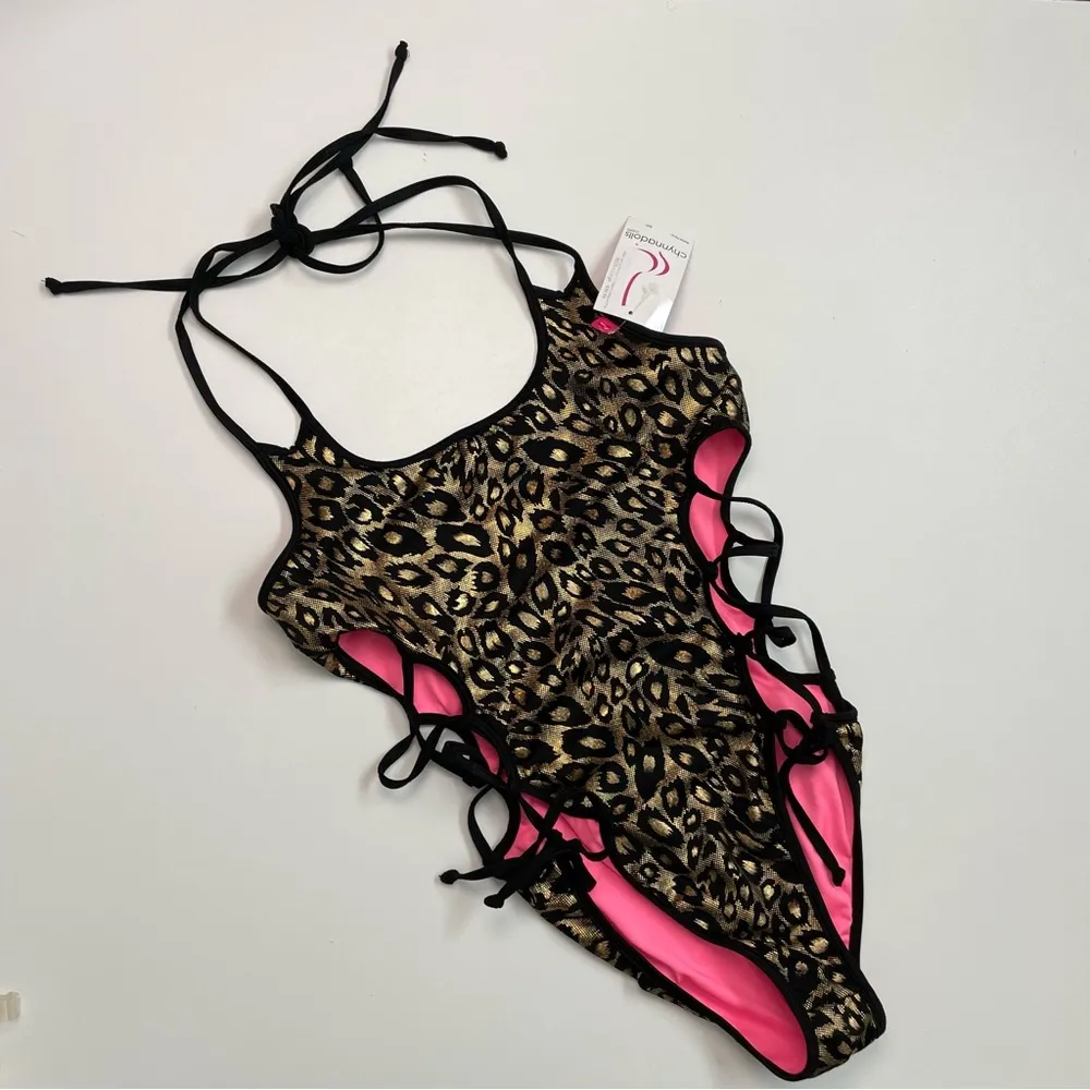 Chynnadolls Swimsuit Vegas Lace Up One Piece Lined Leopard Hologram Print Black Size L - Image 3