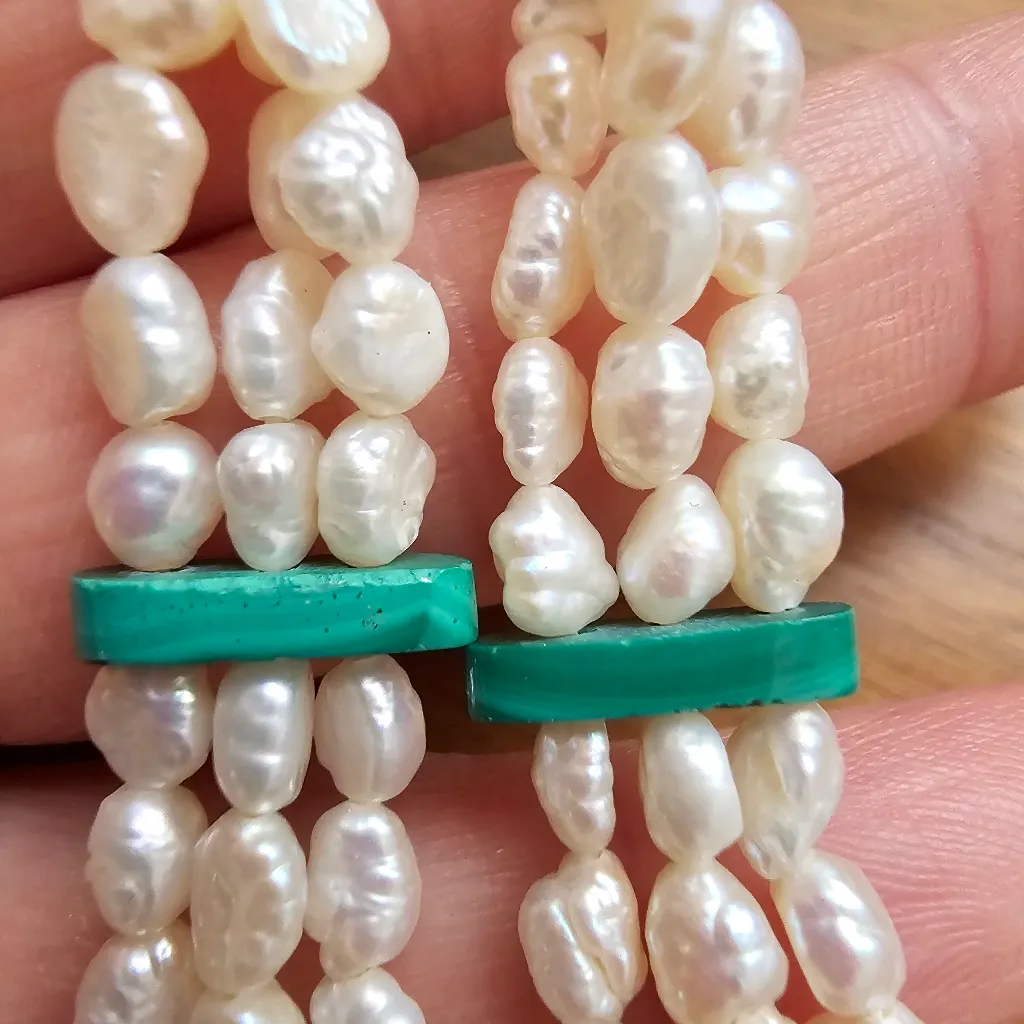 Malachite & Fresh Water Pearl Long Multiple Row Dangle Bead Pierced Earrings Green - Image 6