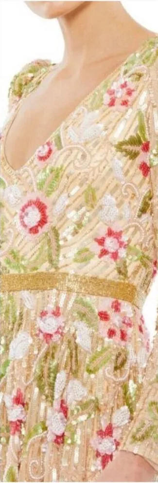 NWT Mac Duggal Floral Tea Length Dress Sequin Beaded Gold Size 14 - Image 2