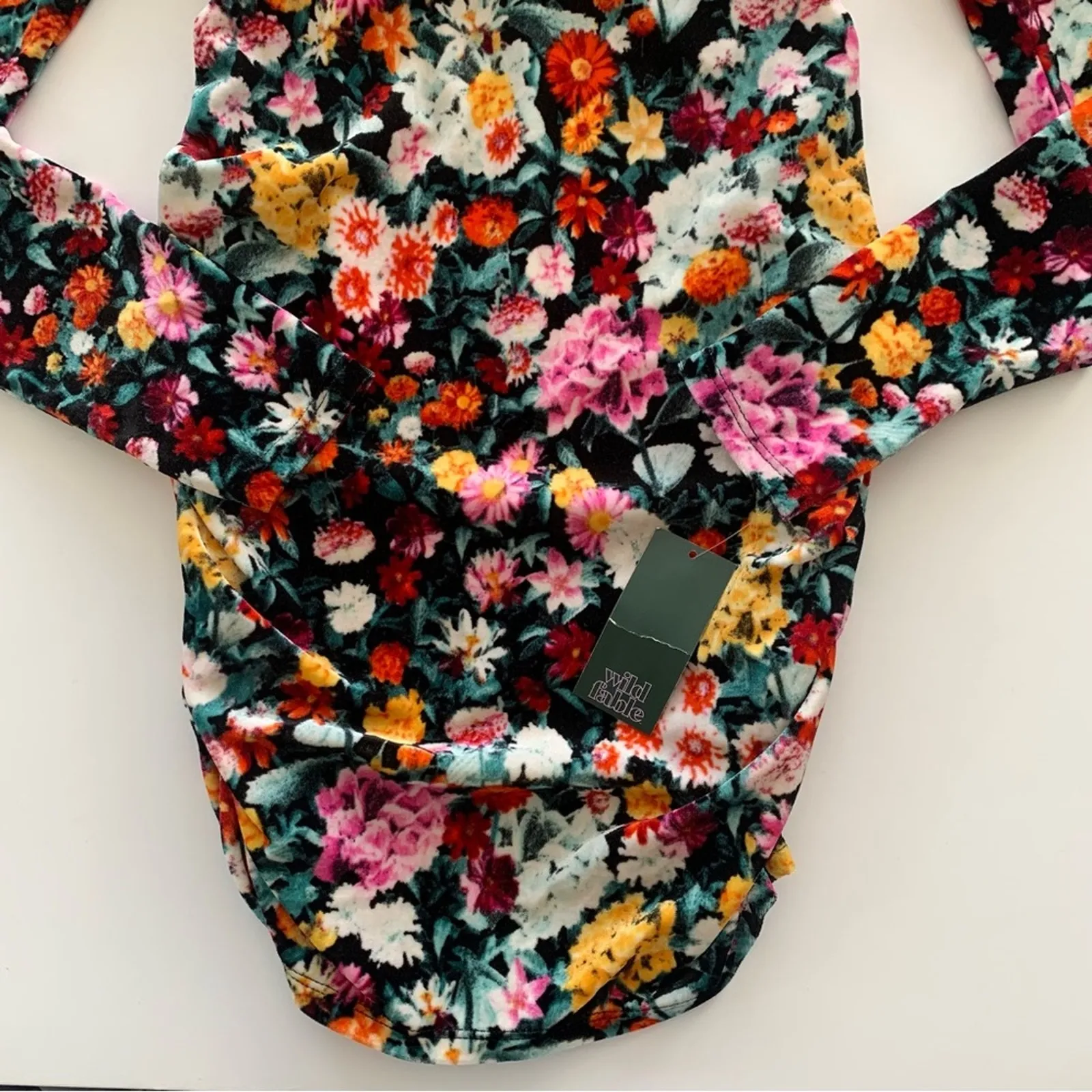 Wild Fable Black Multicolor Floral Velour Off Shoulder Long Sleeve Mini Dress - Image 3