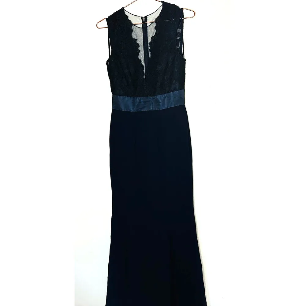 Theia Women's Blue Dramatic Lace Neck Formal Evening Deep Midnight Gown Size 4 - Image 3