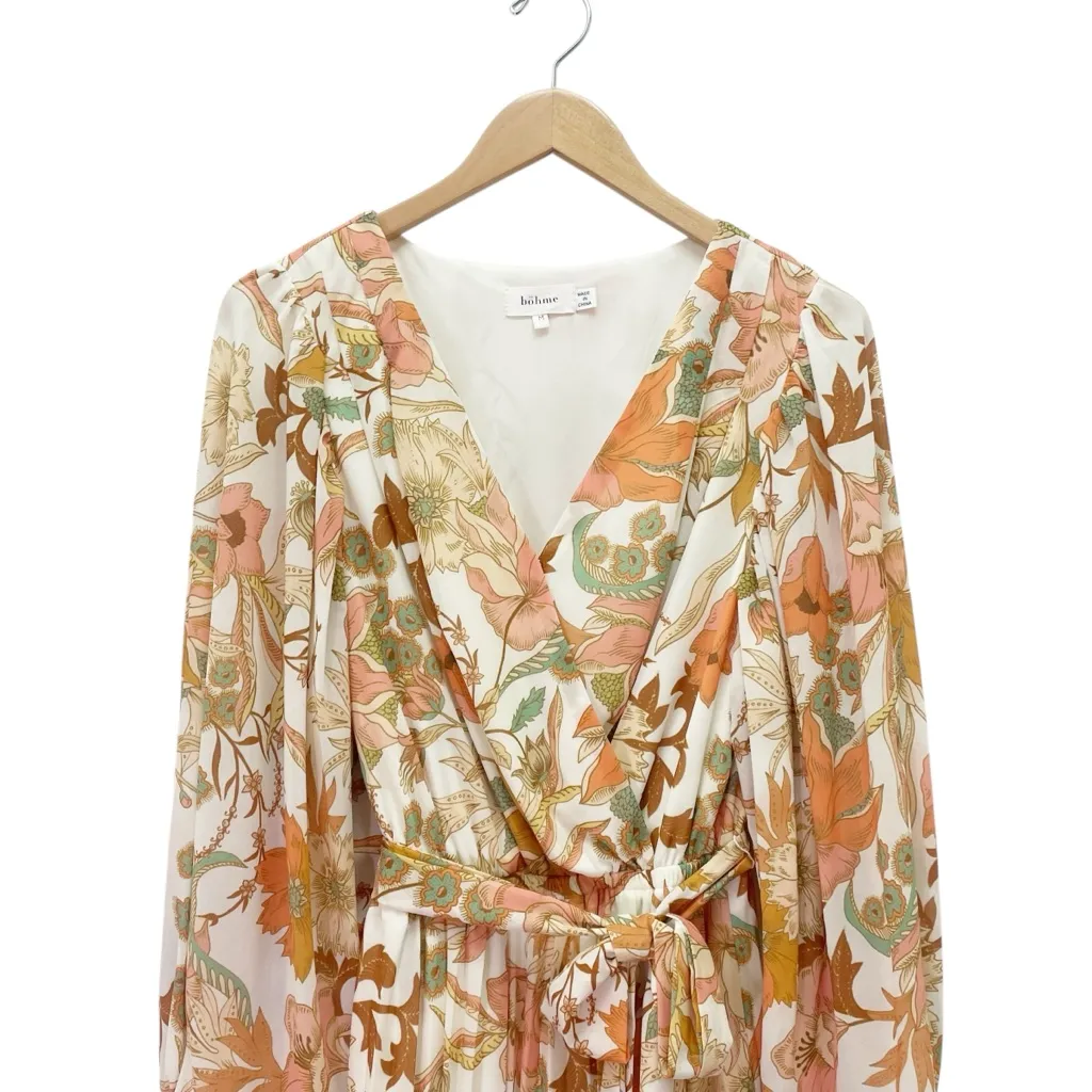 Böhme Floral Midi Dress Size Medium Long Sleeve Belted Pleated Boho Peach Sage - Image 6