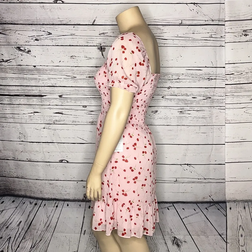 Lush NWT Size XL Pink - Red Floral Print Flounce Hemline Smock Elastic Dress - Image 3