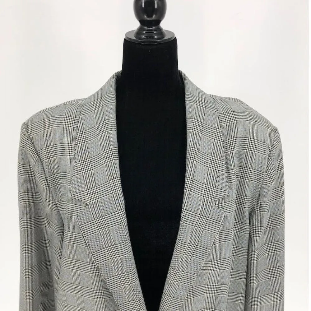 80’s Vintage Haberdashery Lined Black White Blue Houndstooth Blazer Long Sleeve - Image 3