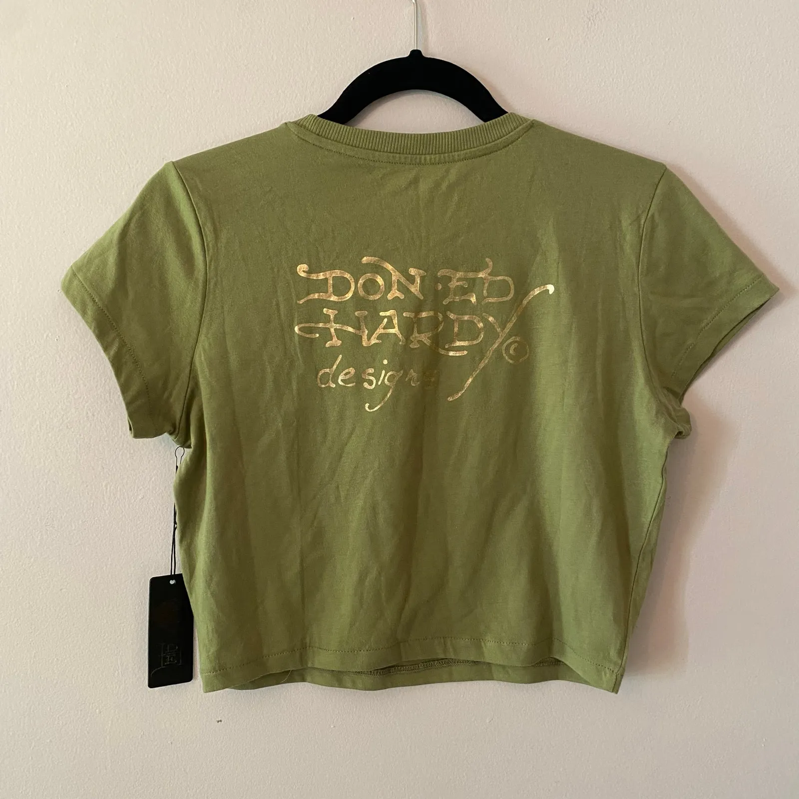 NWT Ed Hardy Green Cropped Baby Tee Death Before Dishonor Women's size Large - Image 6