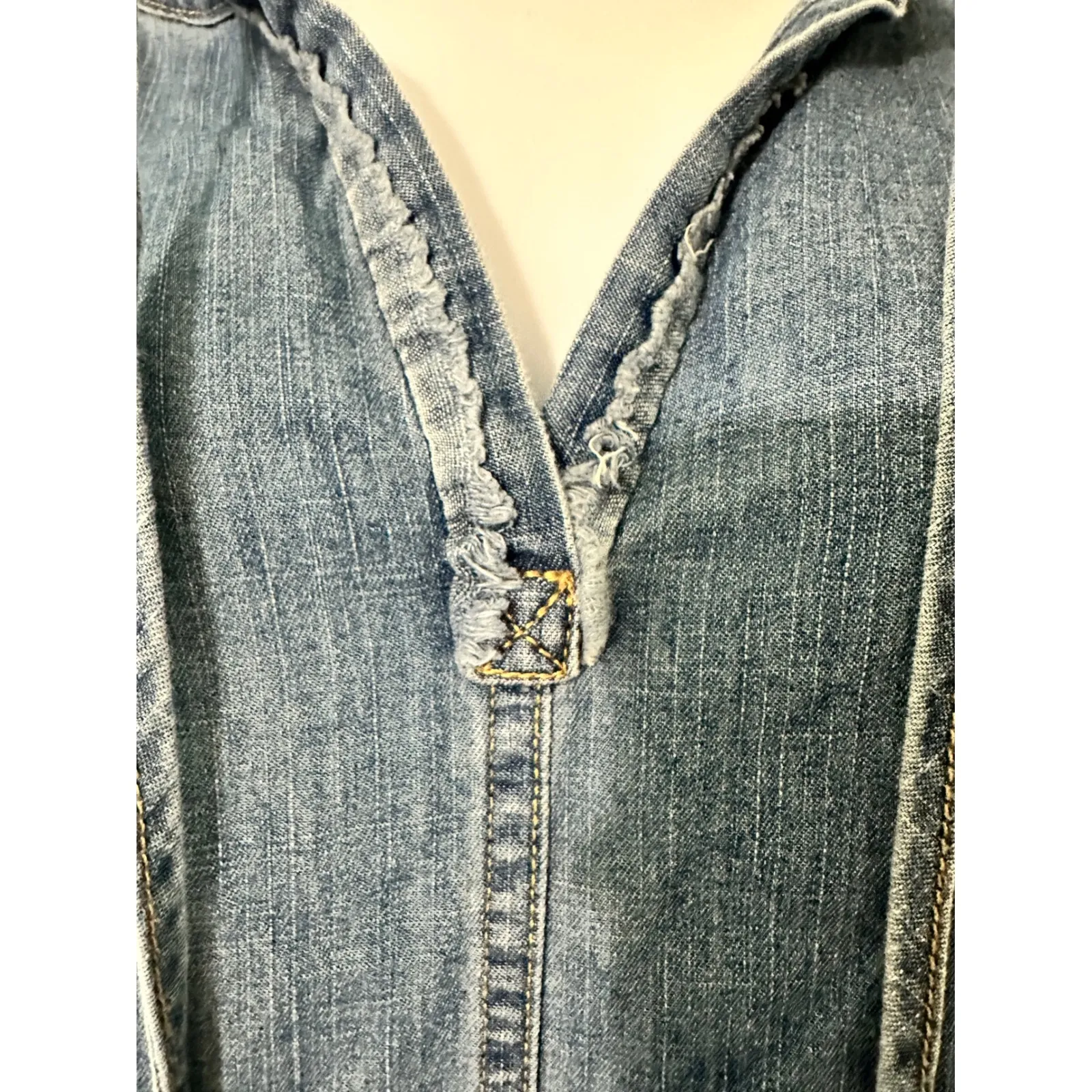 GILLI Womens Denim Dress Mini Short Sleeve Casual Blue Jean Drawstring V Neck Size L - Image 3