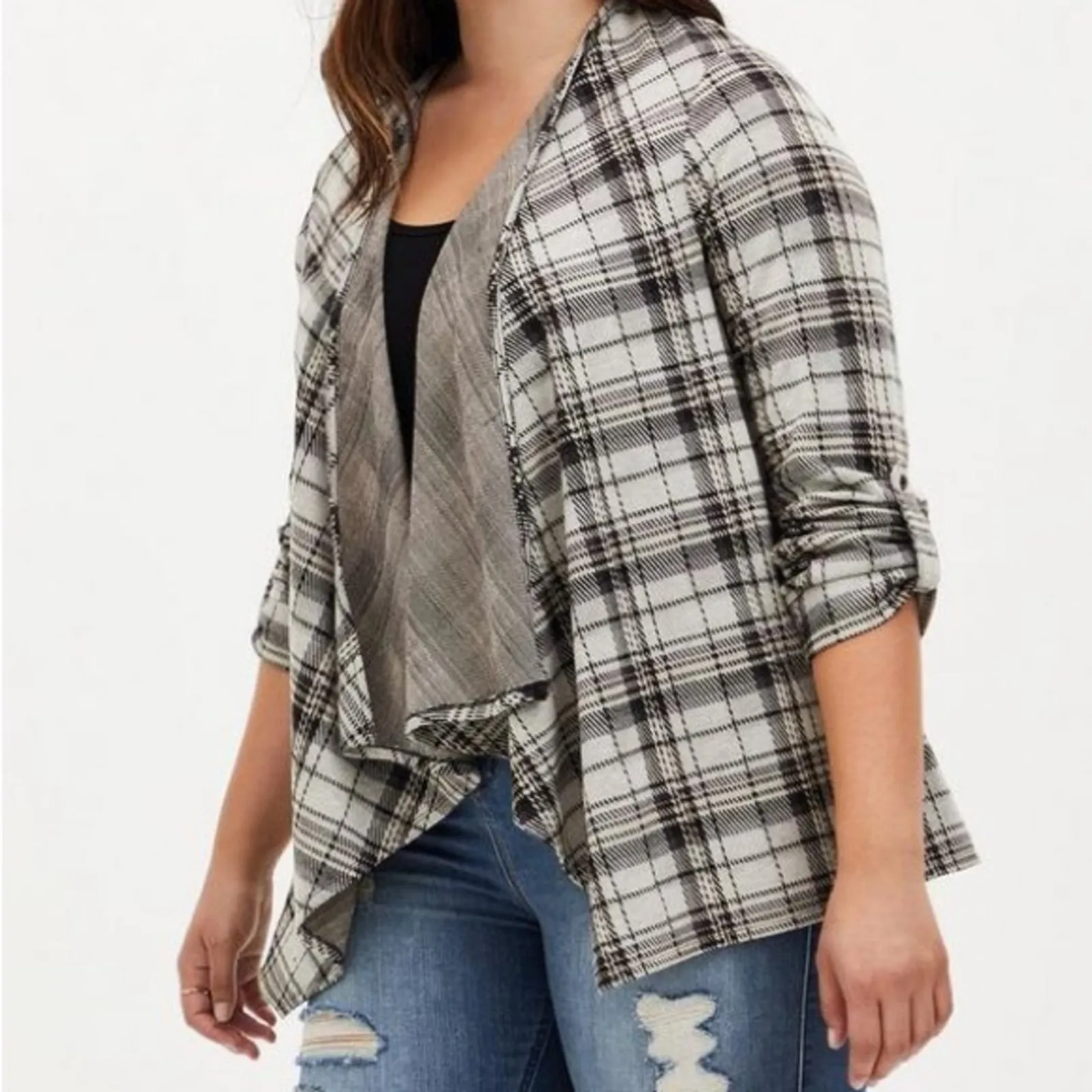Torrid  00 Women’s Black &‎ Ivory Plaid Drape Jacket Size Medium - Image 3