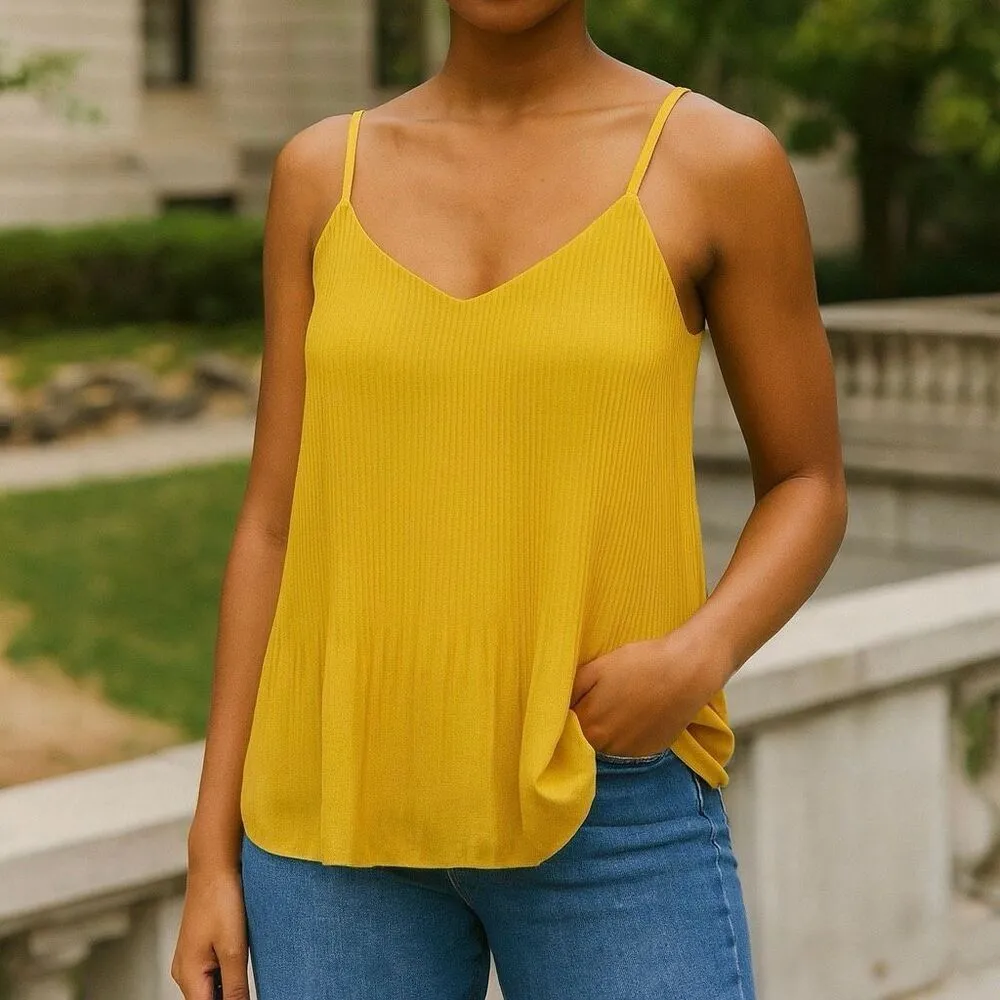 Topshop Women’s Flowy Lined Cami Tank Top Size 6 – Mustard Yellow Pleated Adjust - Image 2