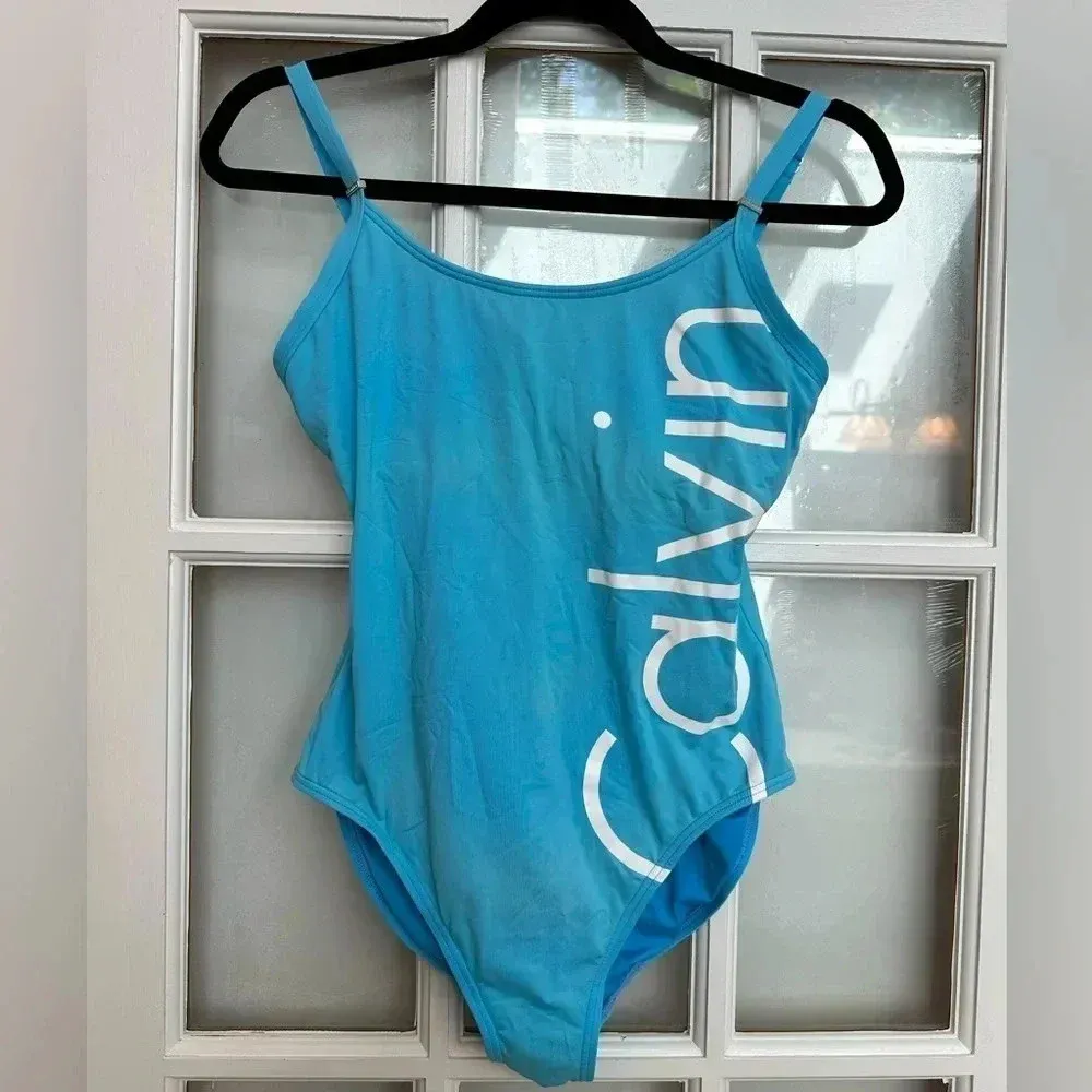 Calvin Klein Logo Classic One Piece Swimsuit Tiffany Blue Women’s Size 6 Small - Image 16