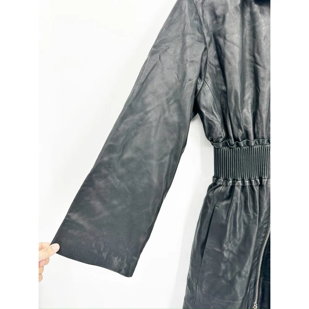 FRAME Pintucked Leather Dress Coat in Noir Black Zip Front Size S $2798 - Image 6