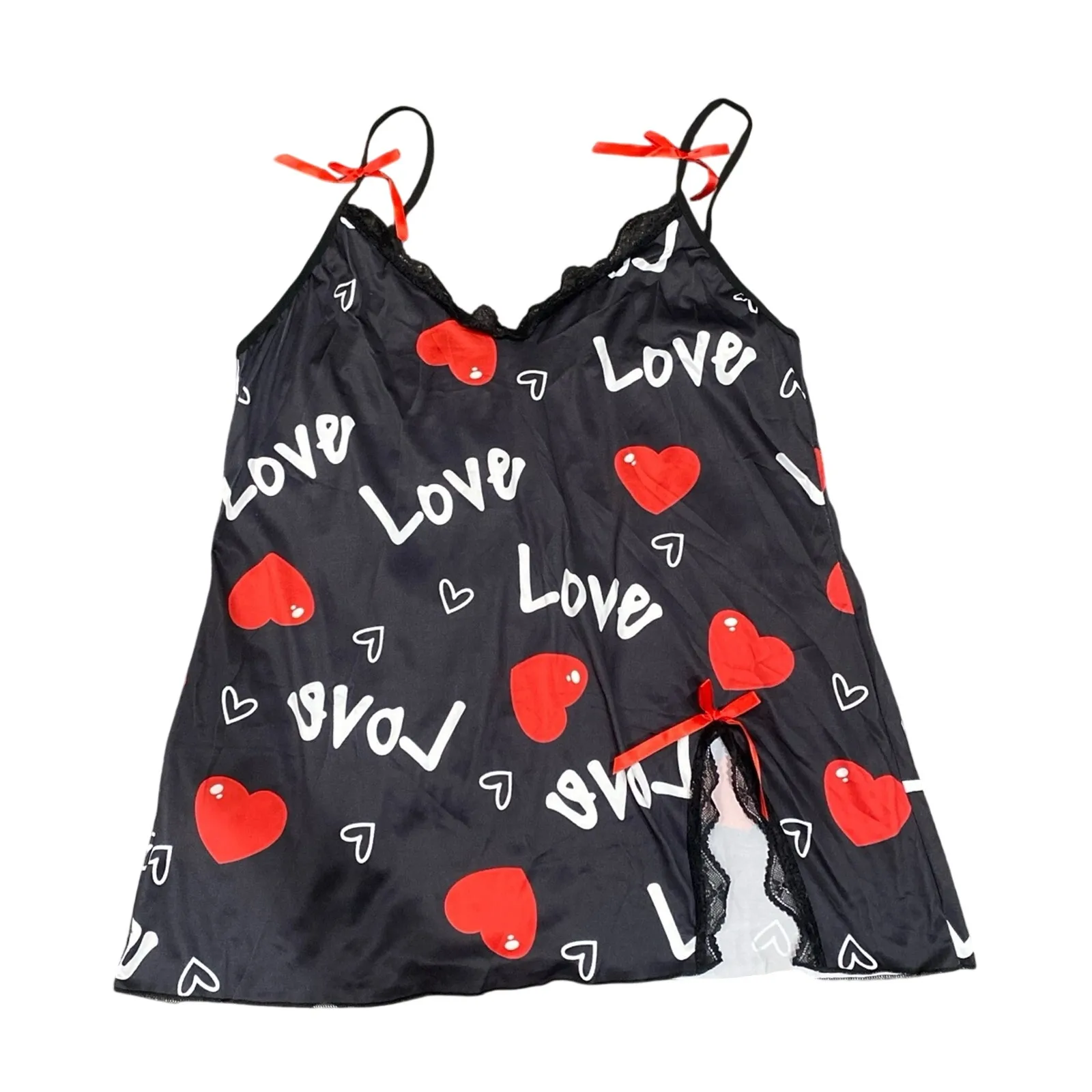 Women’s Lace and Bow Accent Heart & Letter Slip Dress in Black, Size 3XL Black - Image 4