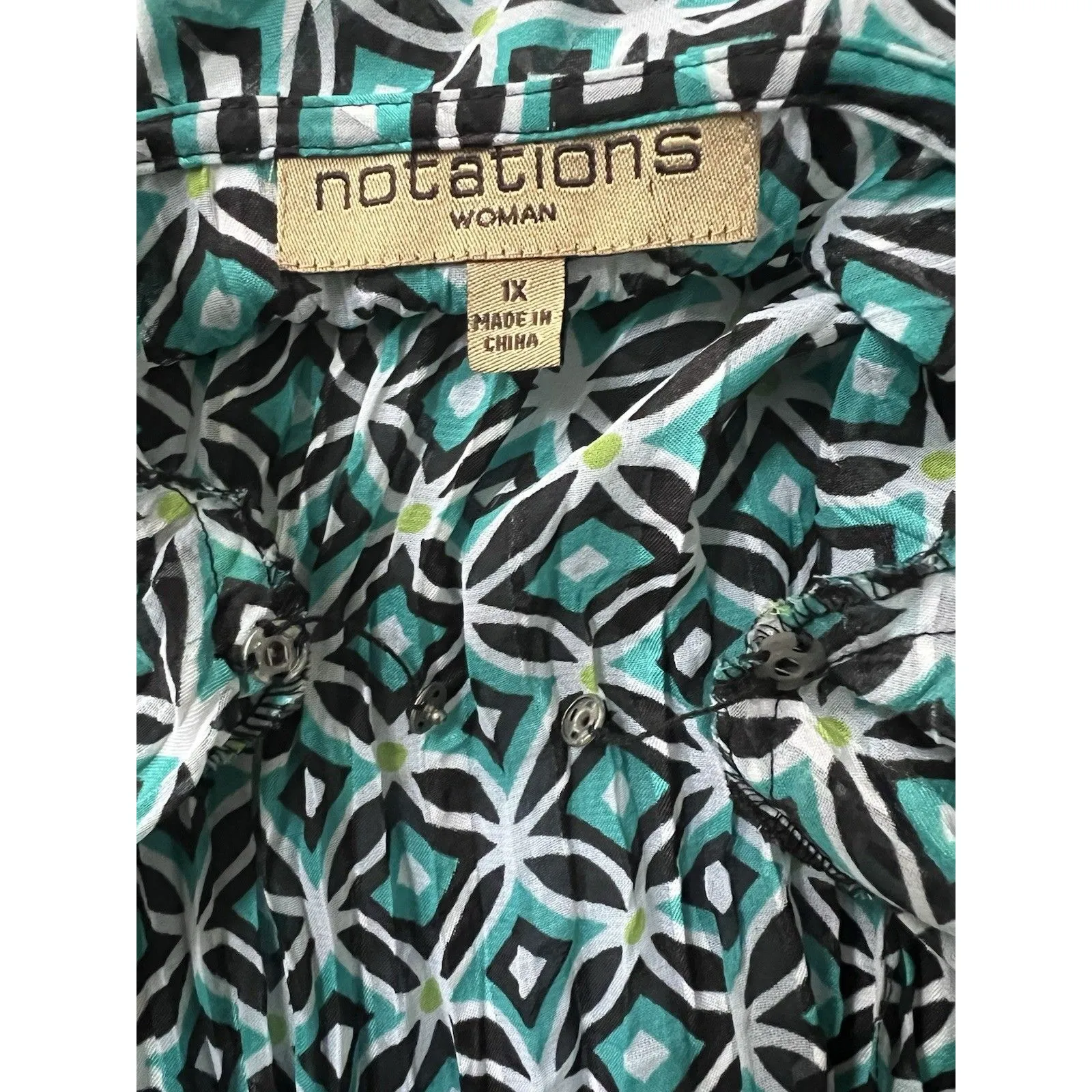 Peasant Babydoll Blouse Y2K Tie Front Geometric Pattern Size 1X - Image 3