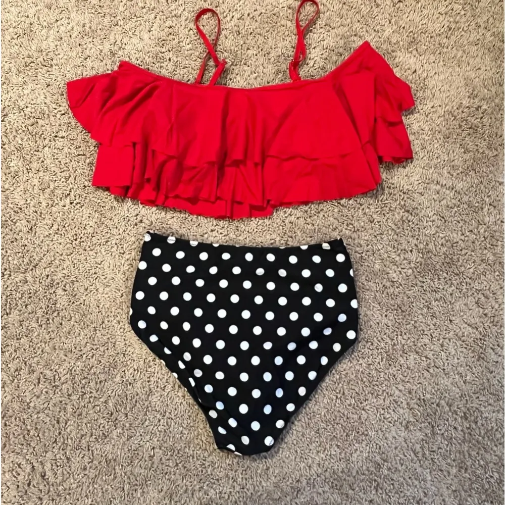 Tempt Me Two Piece High Waisted Bikini Red Black White Dots Size Medium - Image 5