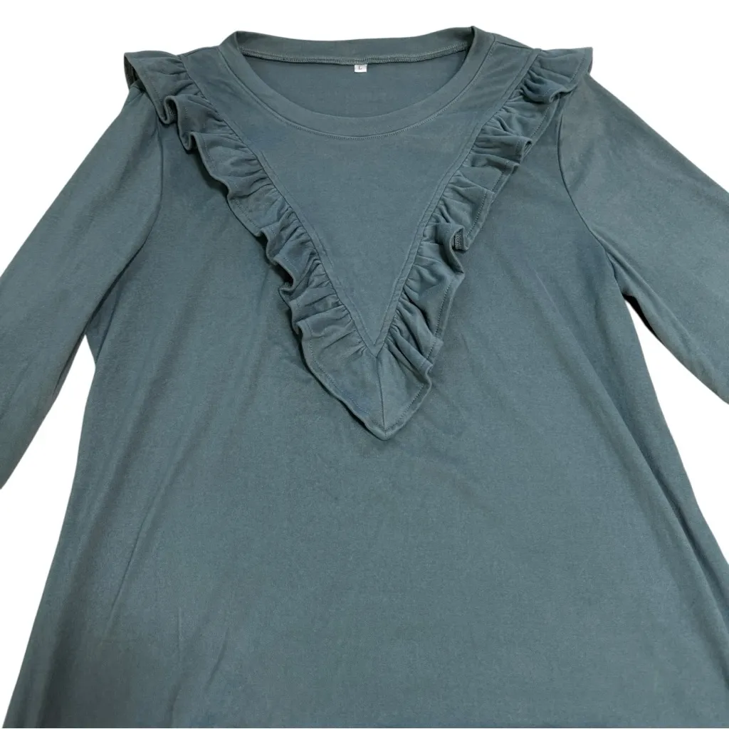 Teal Ruffle Crew Neck Brushed Sweater - Image 2