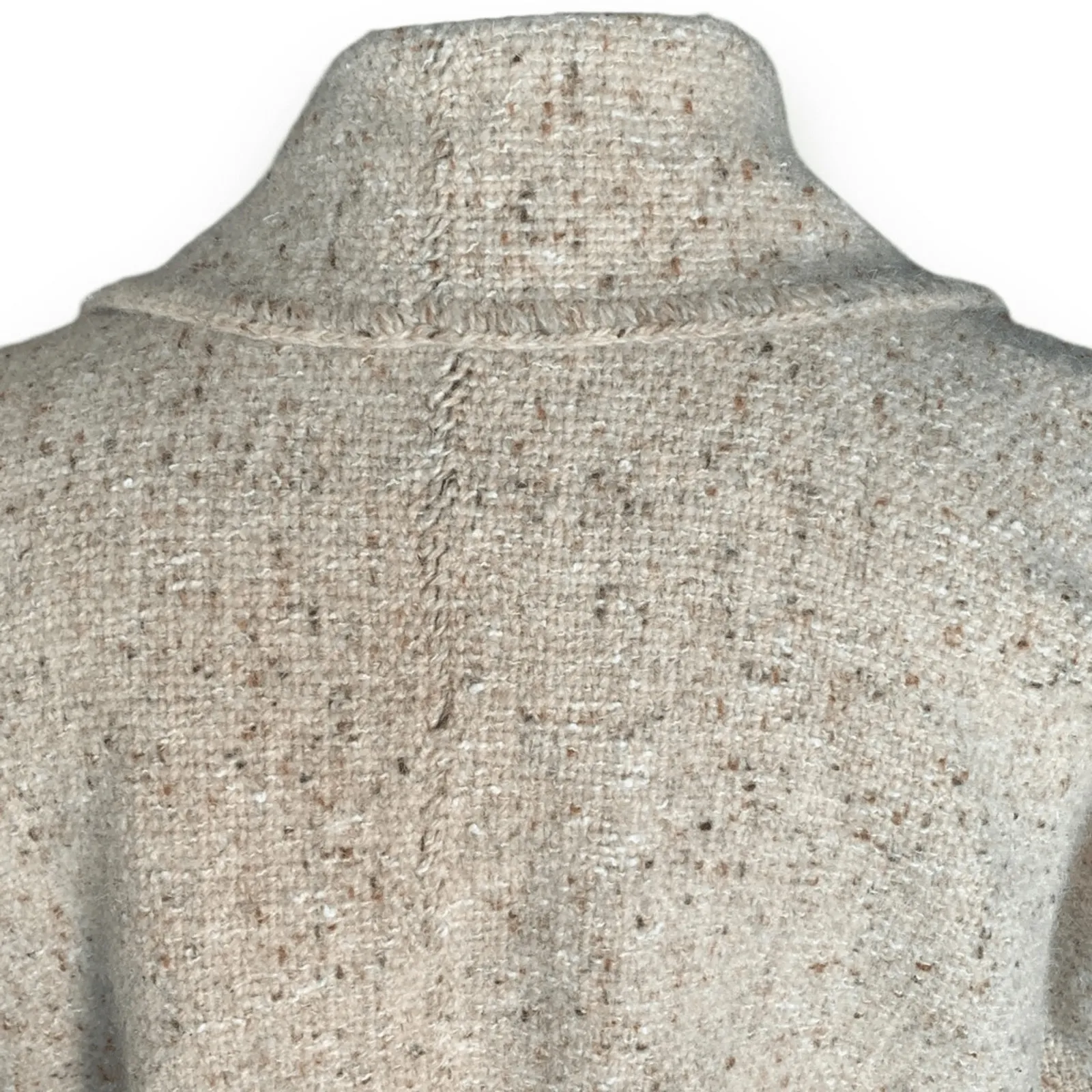 Vintage Shepherds Harvest Wool Cardigan Oatmeal Knit Fringe Scarf Jacket Large Tan - Image 7