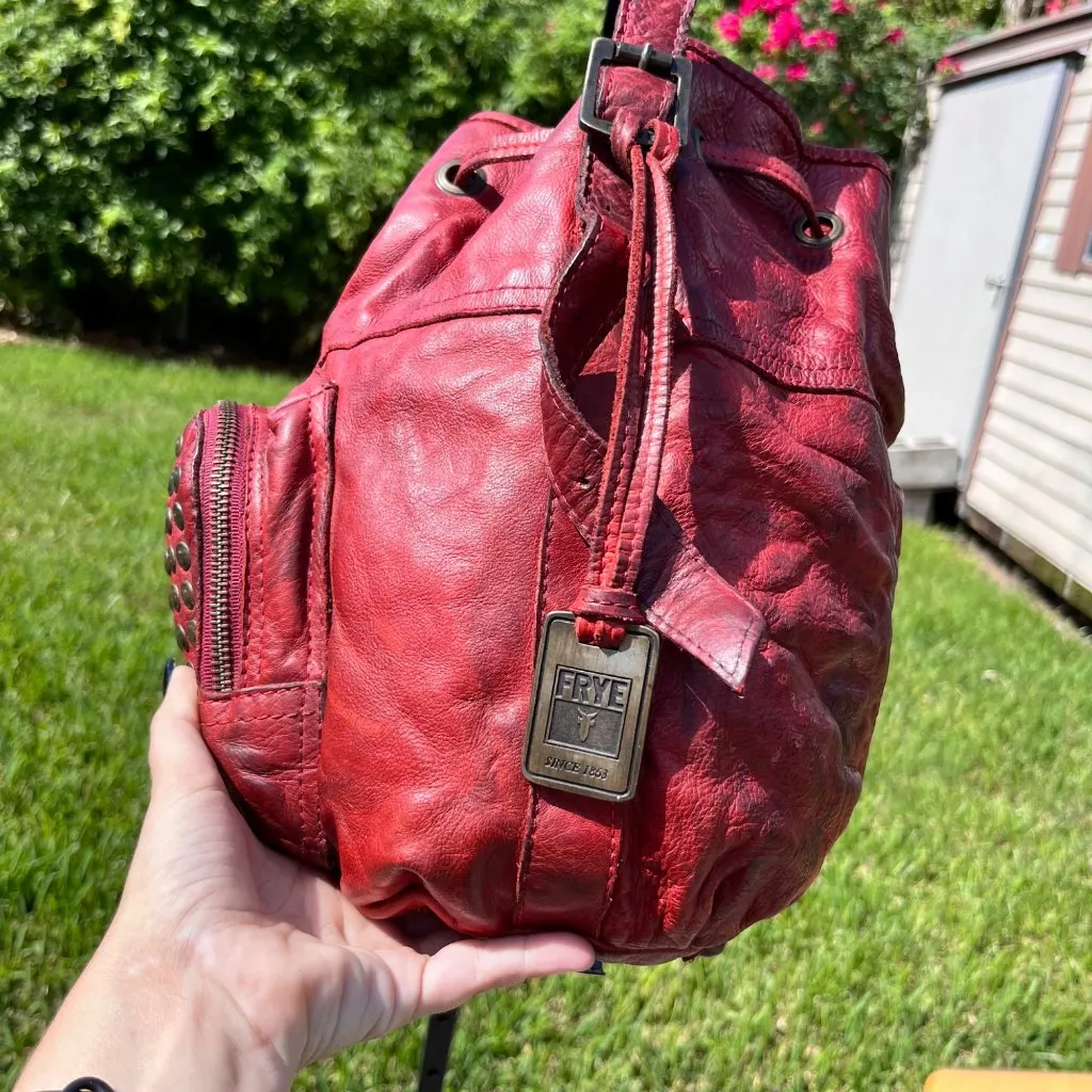 Frye Brooke Red Leather Studded Distressed Drawstring Bucket Bag - Image 8