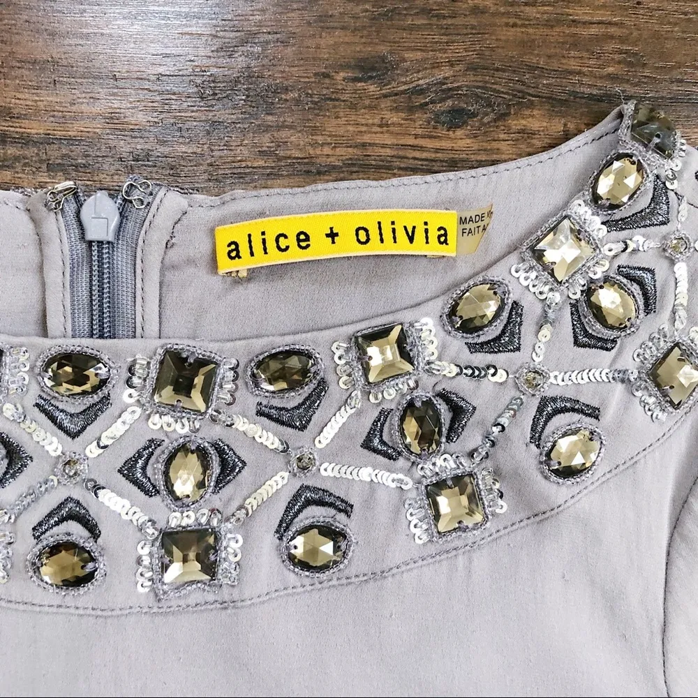 alice + olivia • Beaded Silk Tunic Dress jeweled grey silver kimono mini - Image 5