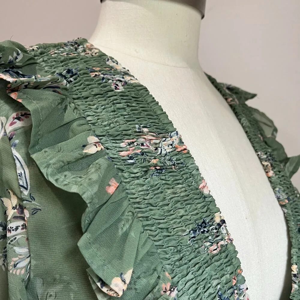 House of Harlow Juniper Floral Cropped Long Sleeve Blouse in Sage Floral Size M Green Size M - Image 7