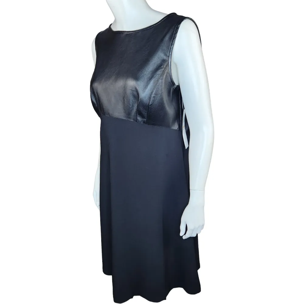 NWT Maggy London Womens 12 Black Faux Leather Fit and Flare Sleeveless Dress - Image 4