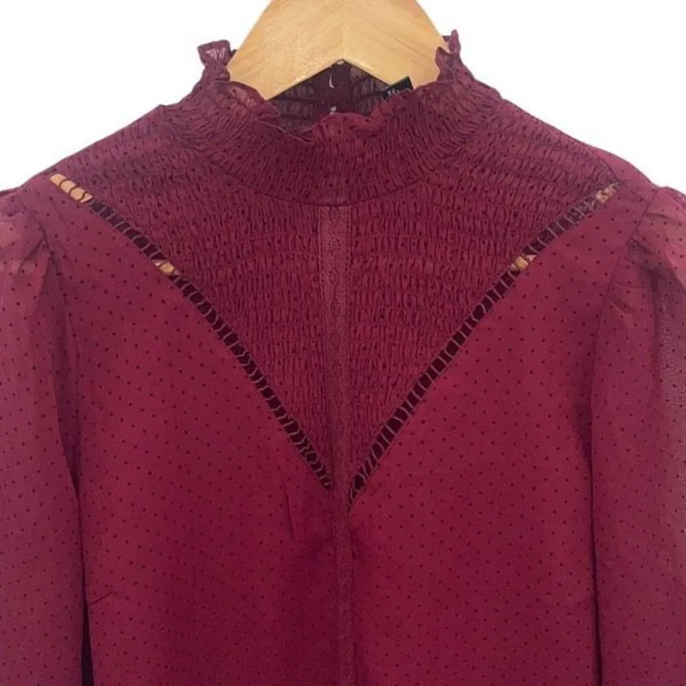 NWT Aqua Womens Prairie Smocked‎ Mock Neck Puff Long Sleeve Blouse Burgundy XS - Image 3