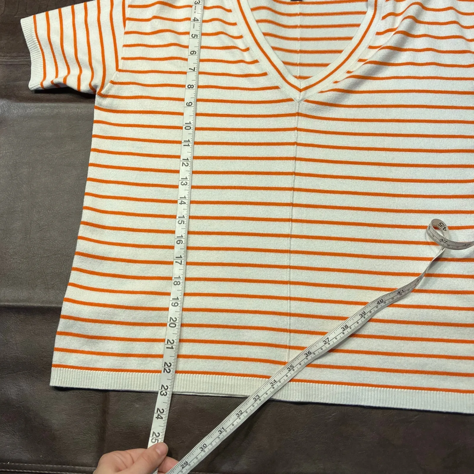 Ann Taylor Orange White Striped V-Neck Sweater Top Size S‎ SP22 Short Sleeve - Image 14