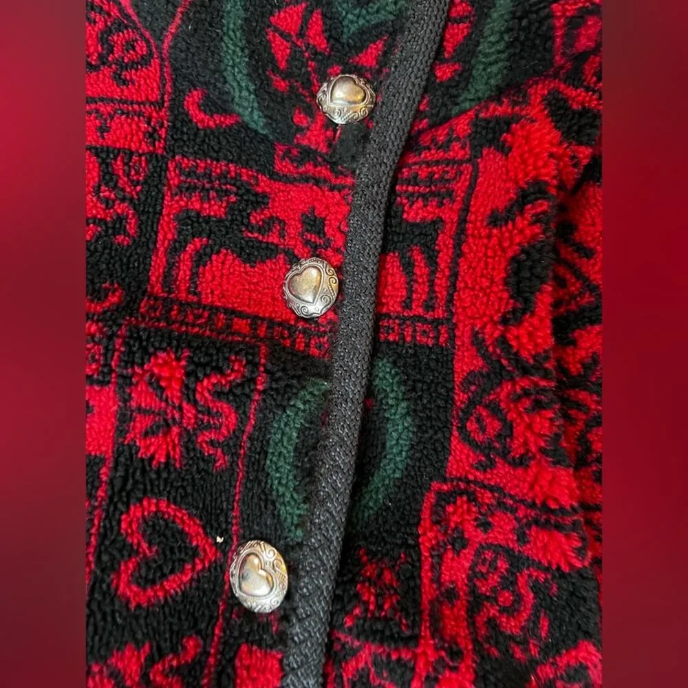 Vintage Obermeyer Red Black Scandinavian Nordic Graphic Fleece Button Jacket - Image 3