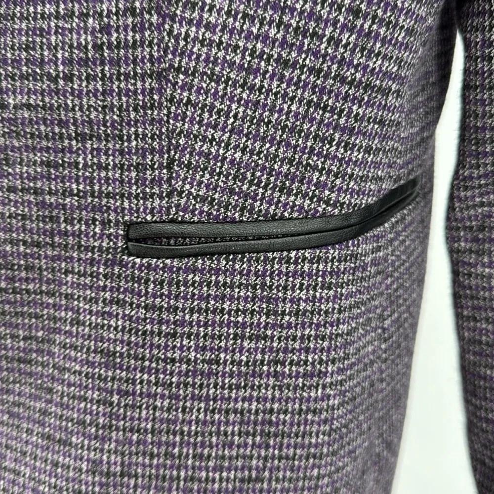 Tahari single button plaid black purple faux leather trim blazer office preppy - Image 8