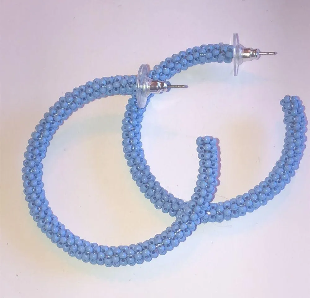 Boho Seed Bead Beaded Huge Hoop Pierced Earrings Blue - Image 4