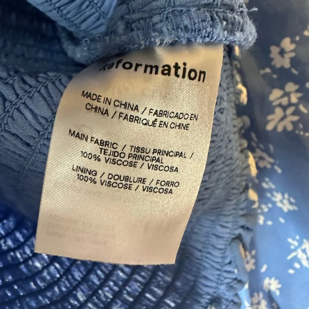 Reformation Pinto Blue Floral Print Smocked Crepe Top - Image 3