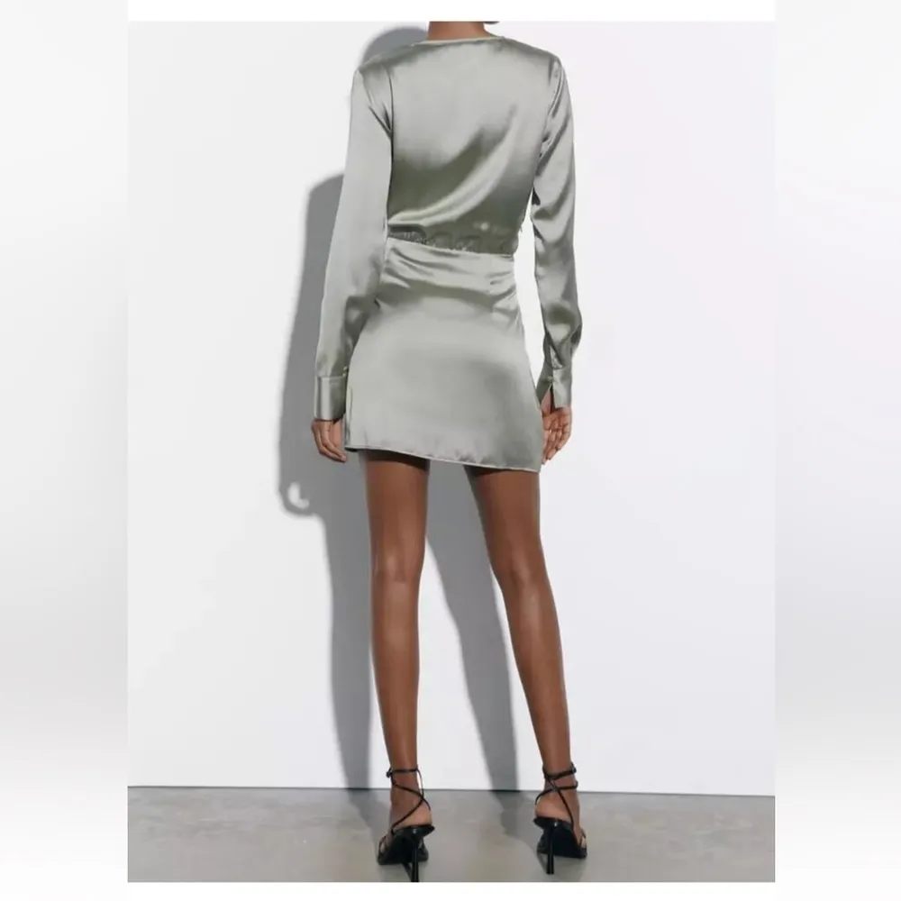 Wrap Satin Effect “Grey Green” Dress Blogger Favorite Womens X-Small - Image 14