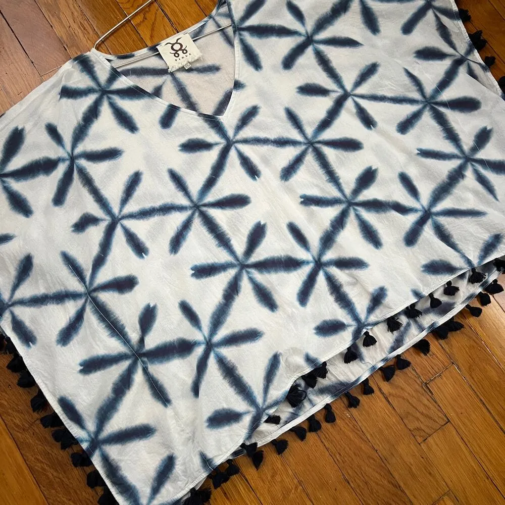 Figue Blue & White Tie Dye V Neck Cover Up with Tassels Size M / L Size M - Image 3