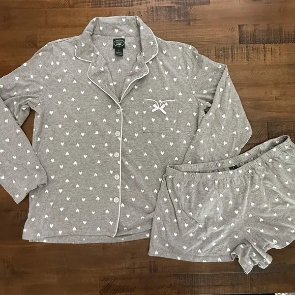 Laura Ashley Pajama Shorts Top Gray White Hearts Pink Large - Image 1