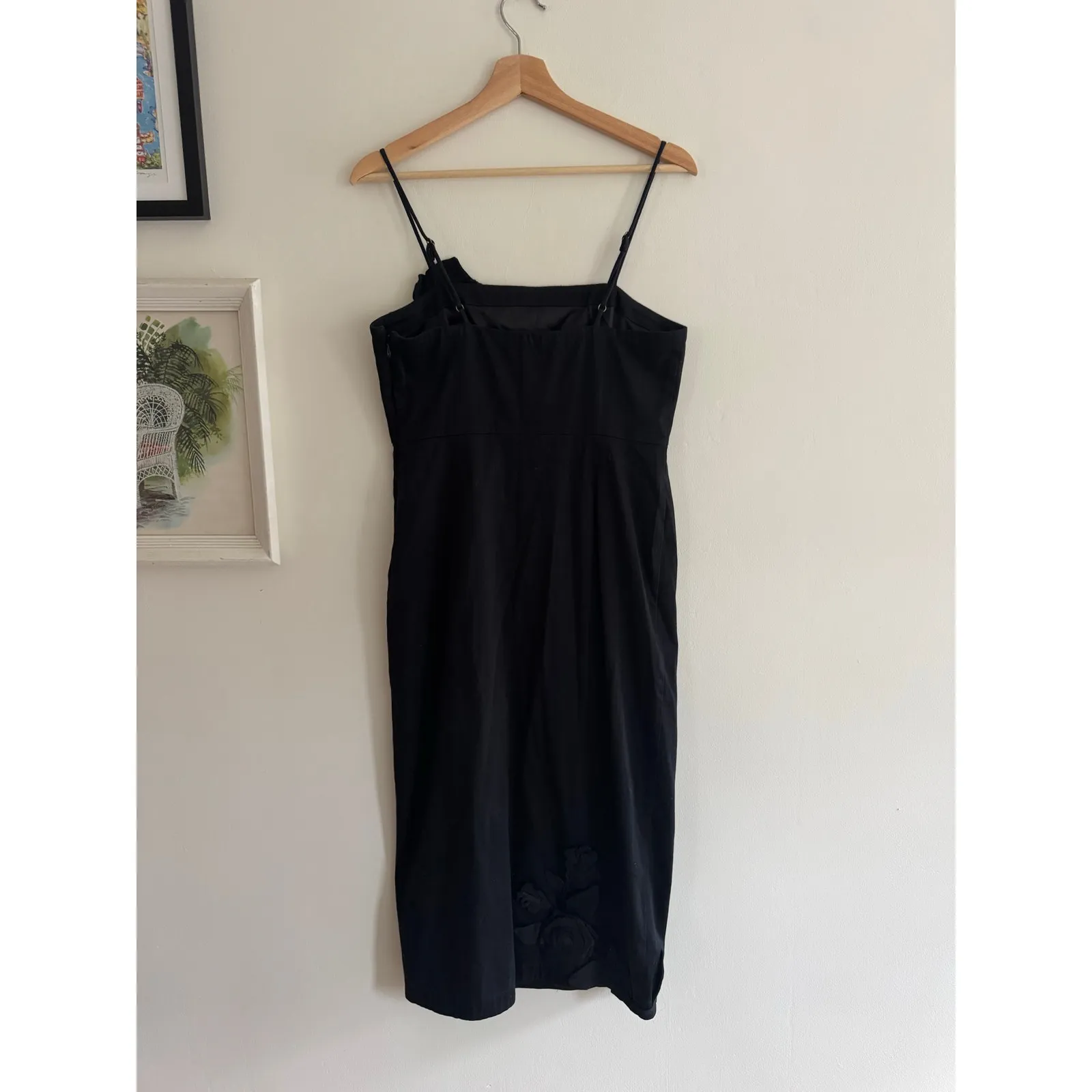 BHLDN Sleeveless Black 3D Floral Side Slit Column Midi Dress Size Small - Image 5