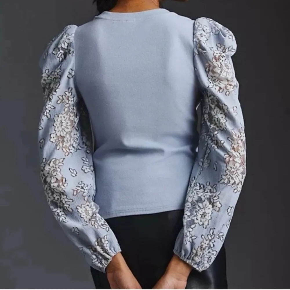 Anthropologie Dolan Light Blue Puffed Long Sleeve Lace Top XS - Image 3