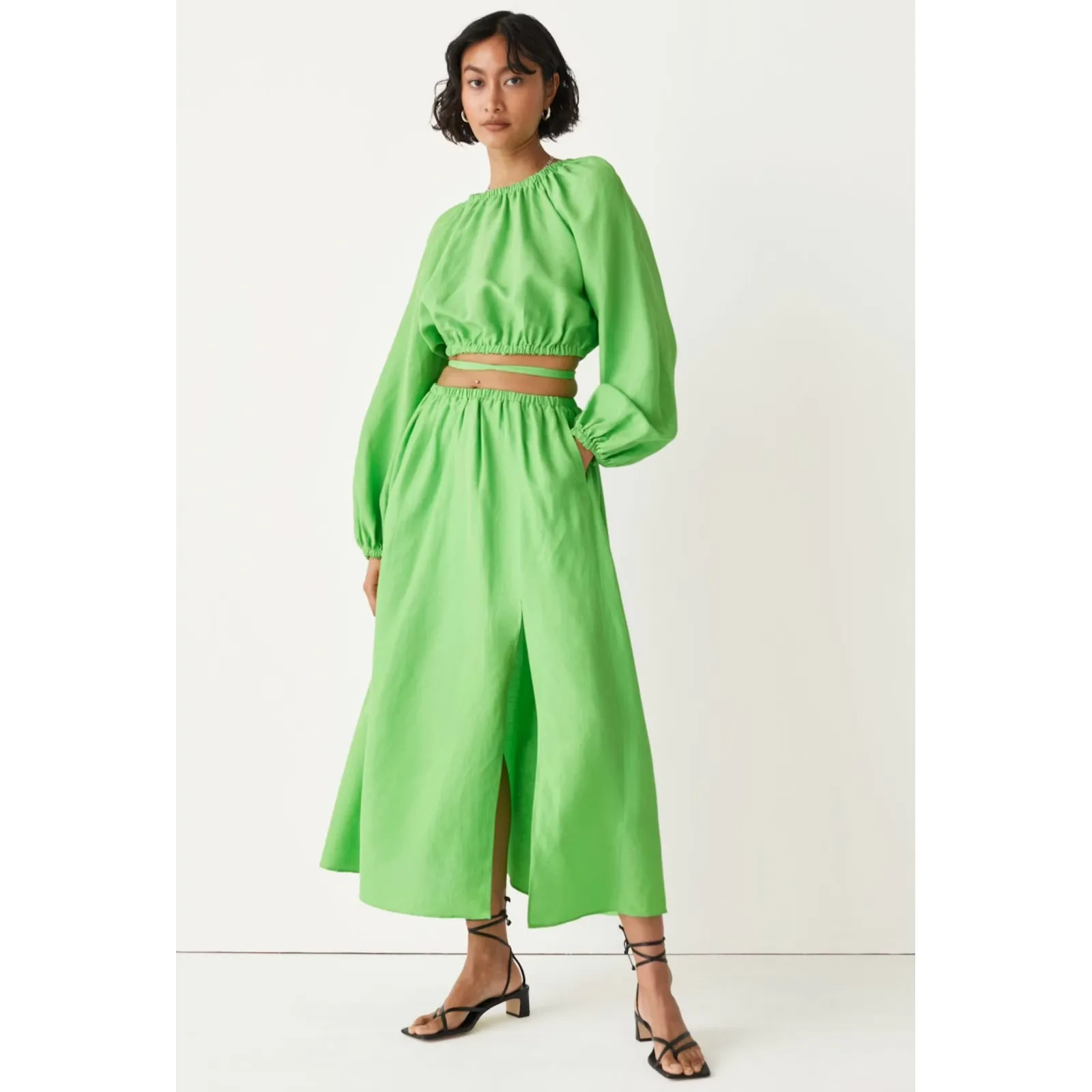 & Other Stories Voluminous Crop Top Lime Green Size Small Balloon Sleeve Blouse - Image 4