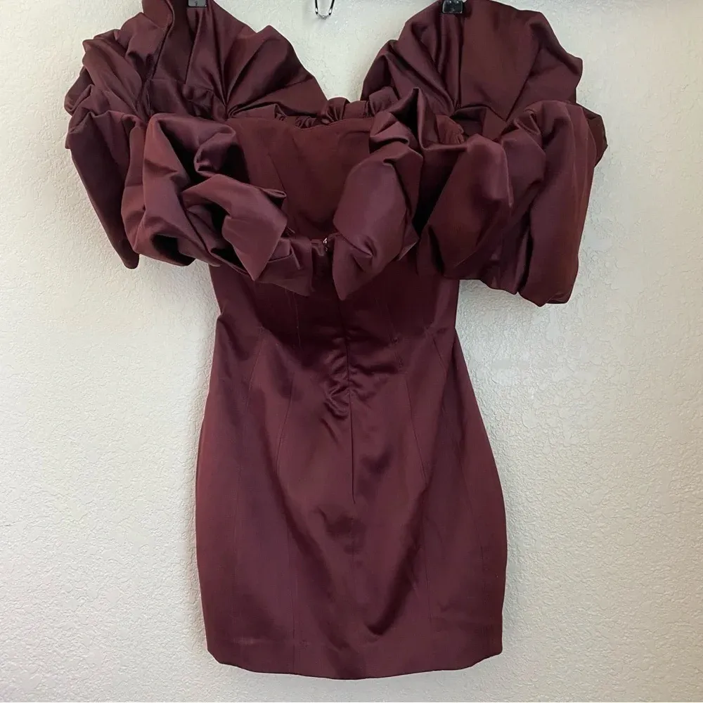 HOUSE OF CB Selena Wine Red Brown Puff Sleeve Off Shoulder Corset dress size‎ S - Image 4