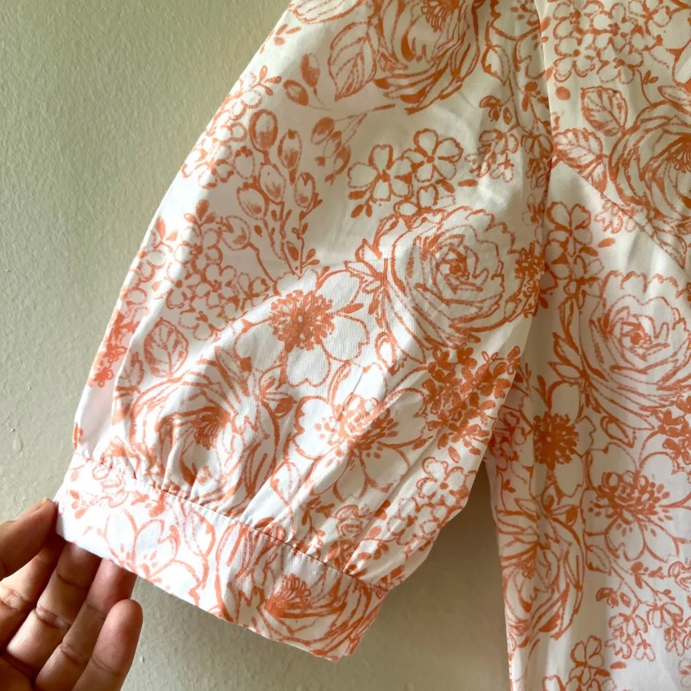 Sz S M‎ Floral Flower Jumpsuit Back Zipper Square Neck Short Puff Sleeves Orange - Image 5